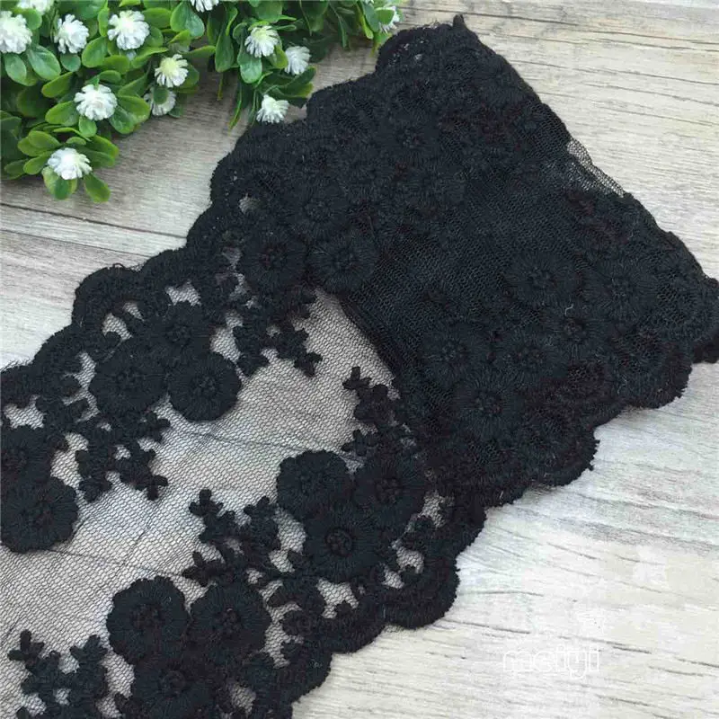 2 ярдов хлопка волнистый двойной Blossom Embroidered Кружева пришитую аппликация ленты ручной работы DIY Вышивание ремесло украшения - Цвет: Черный