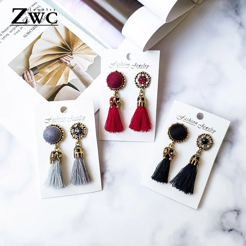 ZWC Модные Винтажные бархатные серьги с кисточками для женщин и девушек, вечерние элегантные богемные этнические серьги-капли с кристаллами, подарок