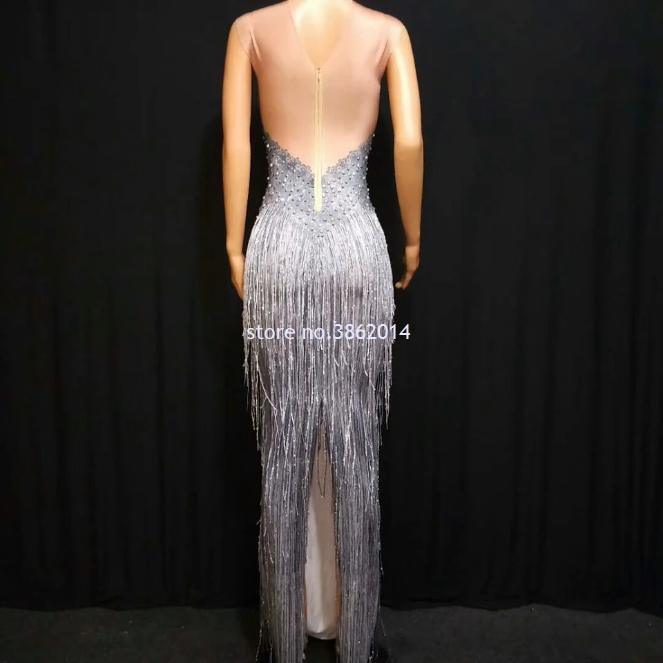 

New Gray Fringe Pearls Rhinestones Long Dress Women Birthday Prom Party Dress Sexy Sleeveless Singer Stage Costume Bodycon Dress