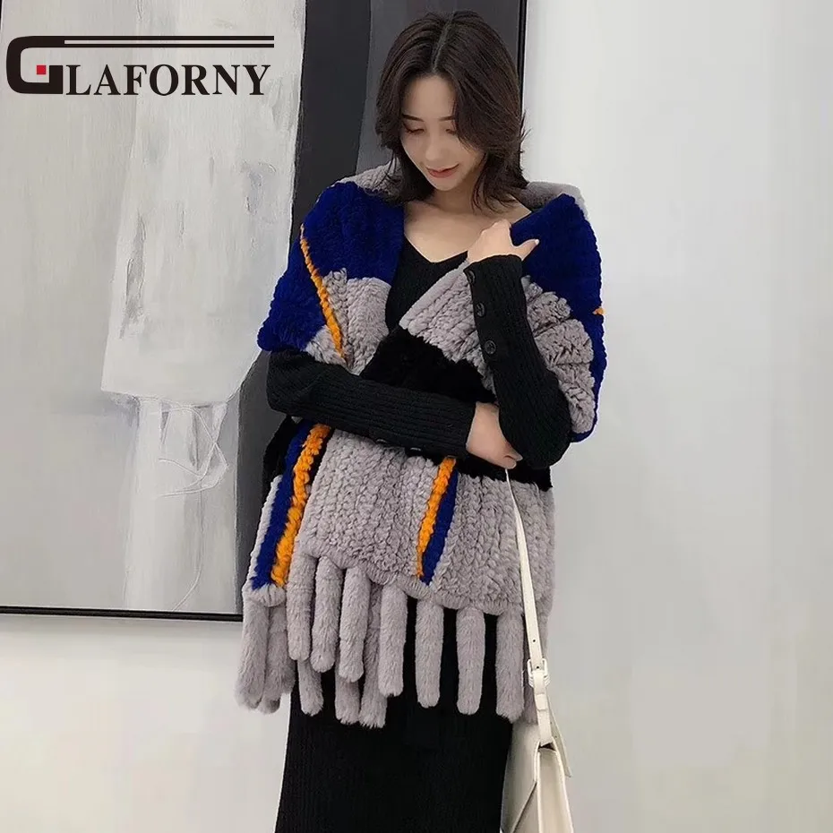 Женская шаль из кроличьего меха Glaforny 100% натурального с кисточками большой цвет |