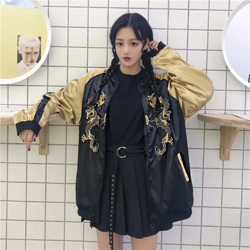 Женская куртка бомбер harajuku уличная одежда в японском стиле с вышивкой дракона