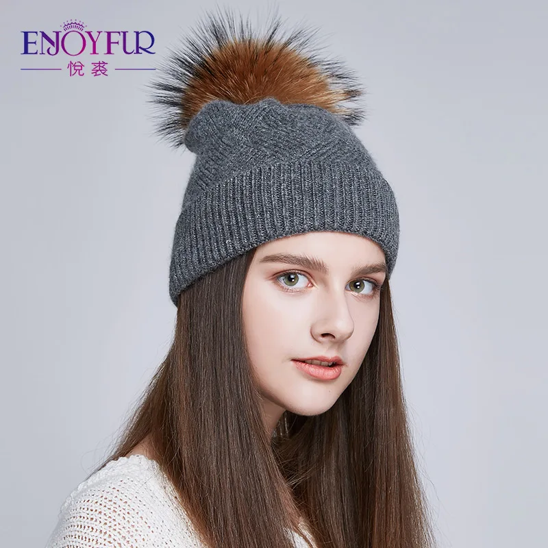 ENJOYFUR зима натуральный мех Pom Hat для Для женщин толстый теплая шерсть шапки леди шляпу громоздкая шапочки меховая шапка женская - Цвет: 03D