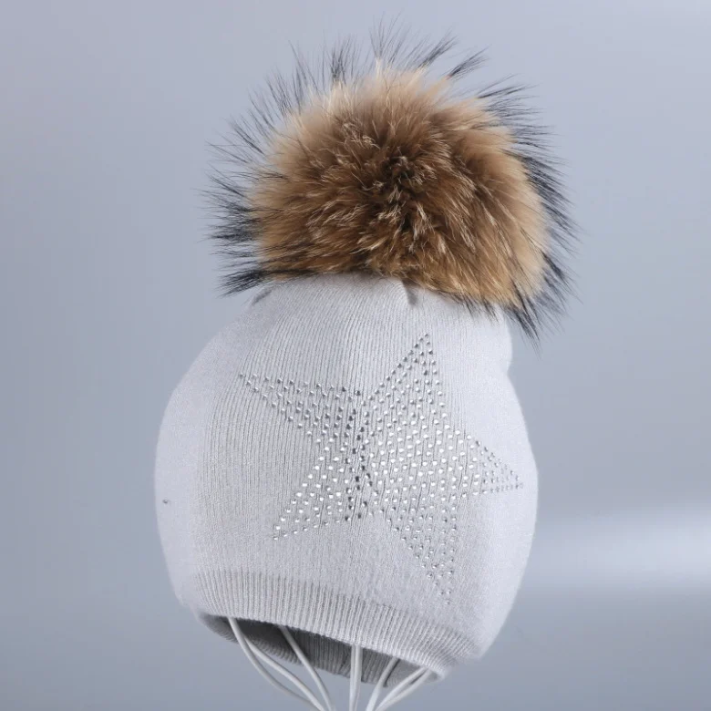 Mink Pom grey hat Новая женская шерстяная зимняя шапка с настоящим помпоном, кашемировые шапочки, блестящая кристаллическая звезда, мягкая термальная натуральная норка, лиса, звезда, шапочки - Цвет: Mink Pom grey hat