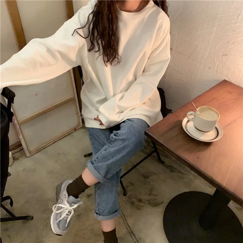Осень корейский ulzzang мода Свободный Harajuku с длинными рукавами свитер ins простой сплошной цвет o-образным вырезом Повседневная Женская толстовка - Цвет: white