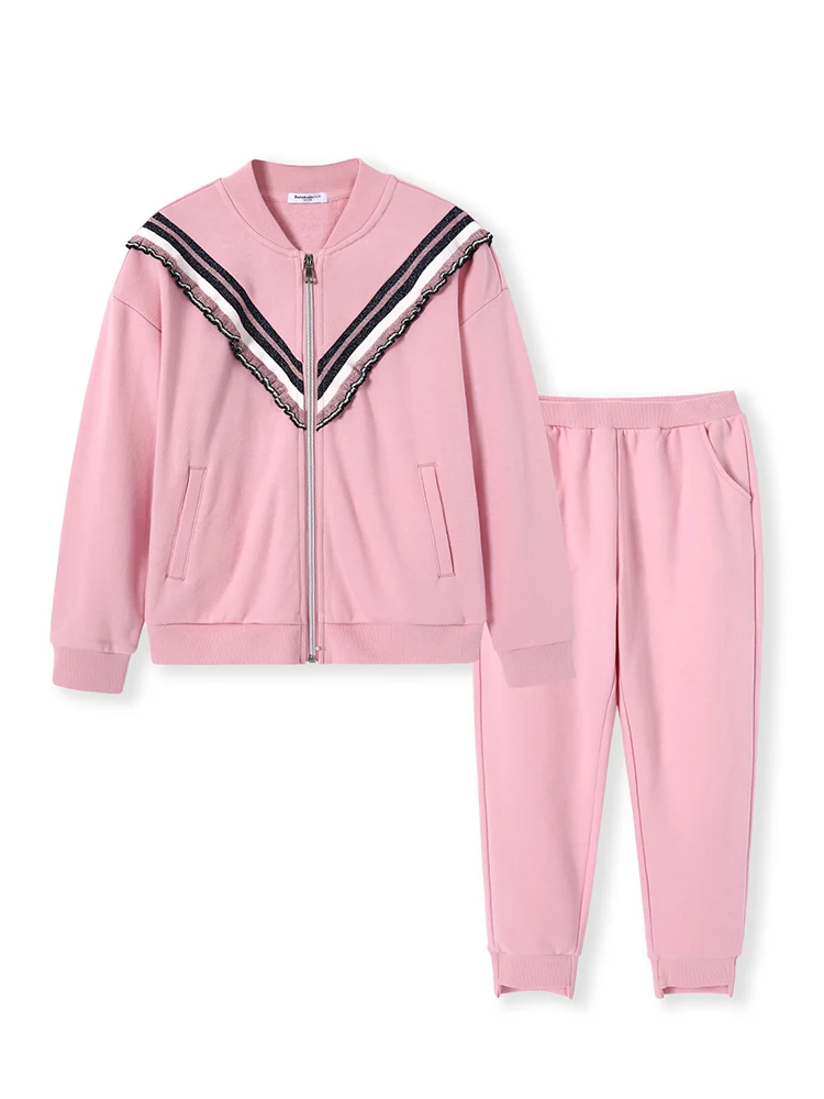 pink Balabala/комплект из 2 предметов для девочек, контрастная бейсбольная куртка+ спортивные штаны без застежки, комплект одежды для девочек-подростков, куртка на молнии+ штаны - Цвет: pink