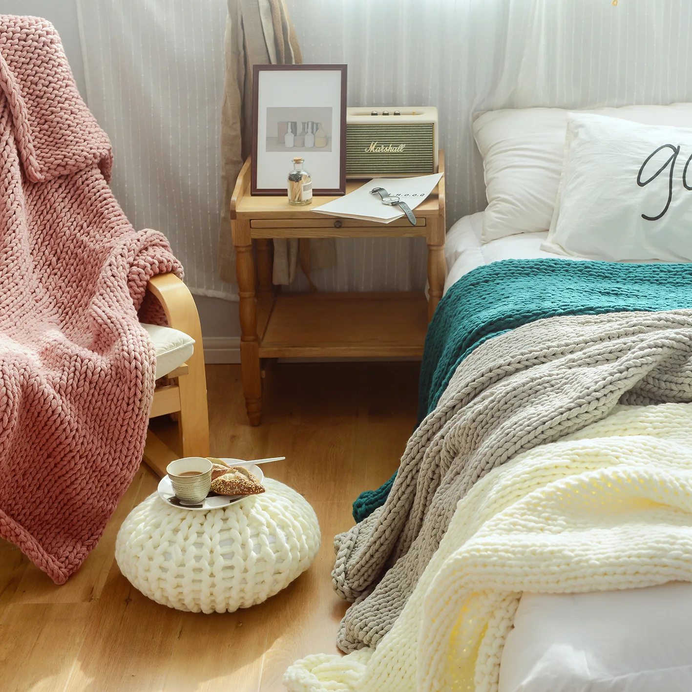 Толстое одеяло вязаное вручную шерстяное покрывало для дивана утяжеленное