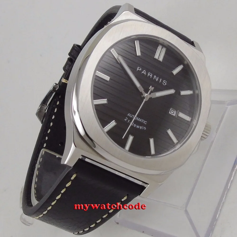 44MM Parnis Black Dial Date Window luminous Miyota 821A Automatic Movement Mens Watch Leather Band | Наручные часы