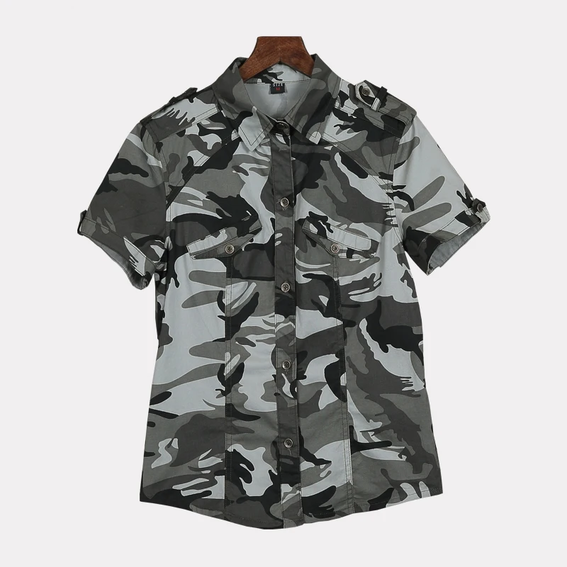 FGHGF Brand camouflage blouse women camo Cotton Military short shirts Turn-down Collar 2018 New fashion 4802 |