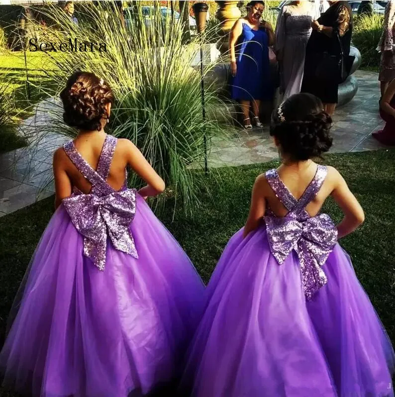 Crisis Cross Back Sequined Top Flower Girl Dress with Bow Designed For Girls Party Kids Formal Wears Jewel Neck Sleeveless Long | Детская