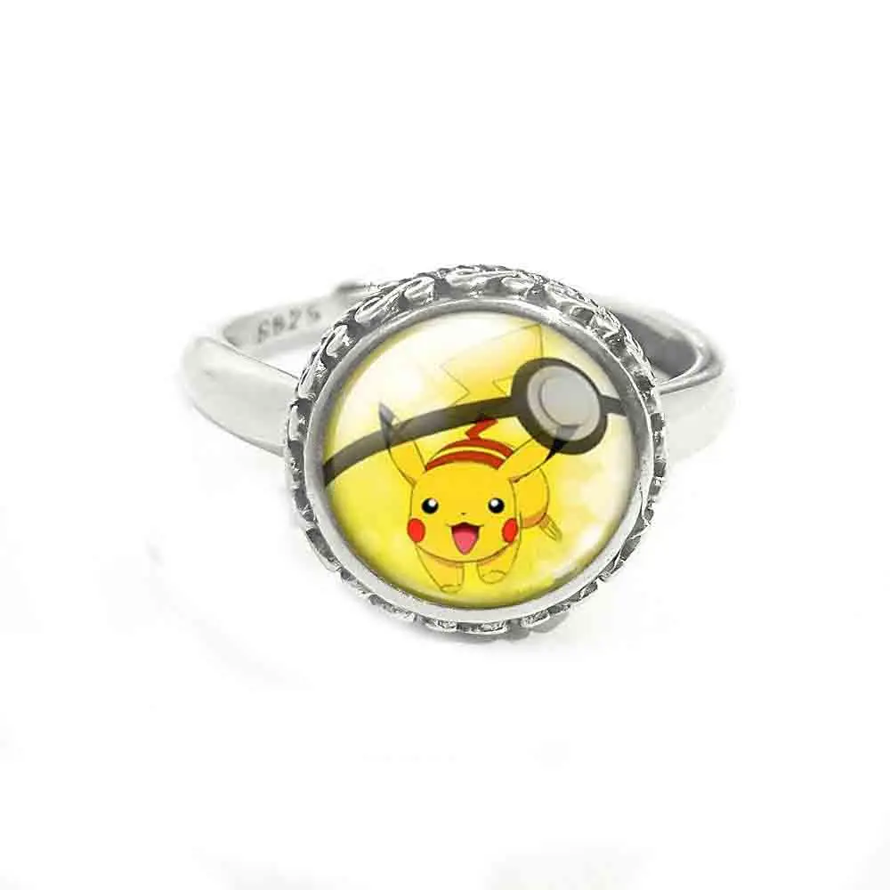 2017 г. Harajuku Go Pikachu реальное твердое кольцо серебряное кабошон из стекла длинное