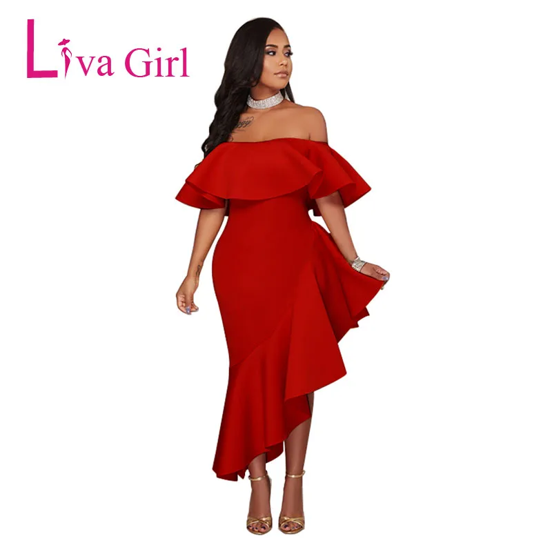 LIVA GIRL элегантное гофрированное платье с открытыми плечами вечерние для женщин 2019