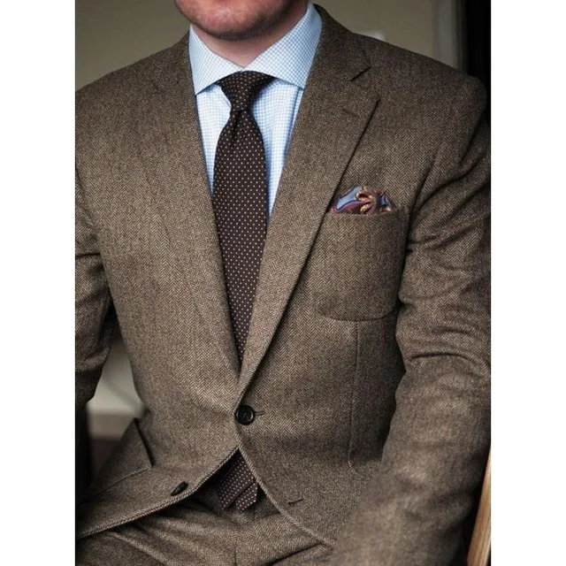 Tweed Wool Herringbone Vintage Men's Suits Wedding Groom Tuxedos British style Groomsman Formal Prom (Jacket+Pant) | Мужская одежда