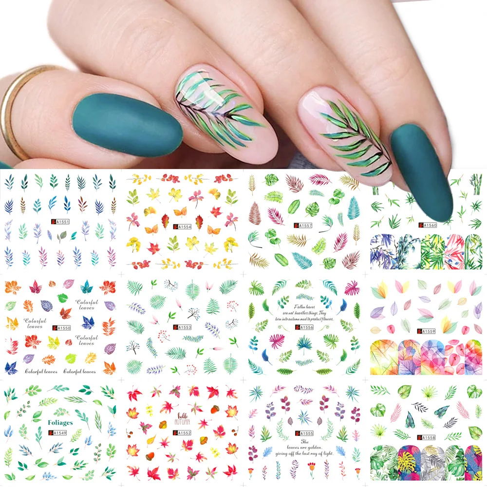 Набор наклеек для ногтей с зелеными листочками 12 шт. переводные наклейки