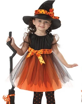 2016 Hot sale Halloween Christmas Costumes Kids Girls Children Fly Witch Dress + Hat Cap Costume Bow-knot Party Cosplay clothes |