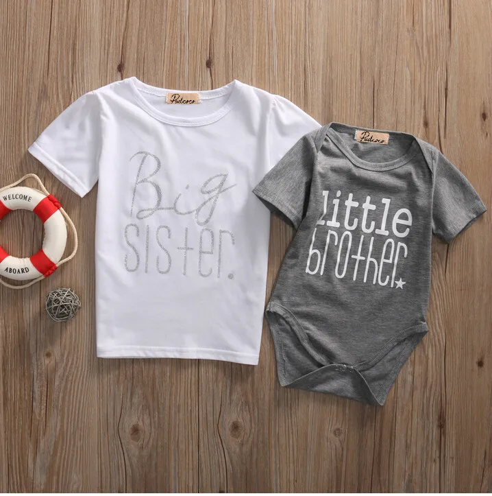 

Cotton Baby Short Sleeve Little Brother Rompers Big Sister T-shirt Tops Clothes Summer Letter Print White Gray Baby Clothing