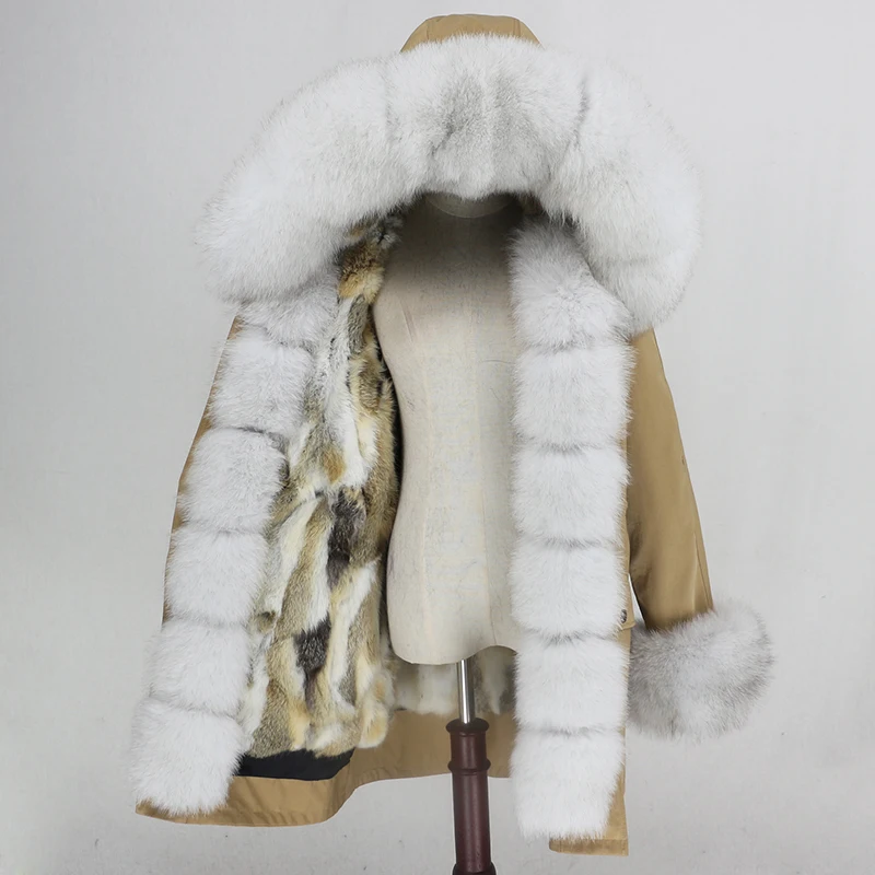 brown white Водонепроницаемая парка OFTBUY, длинное пальто с натуральным мехом енота, Воротник из лисьего меха, капюшон, подкладка из кроличьего меха, толстая теплая верхняя одежда, уличная одежда - Цвет: brown white