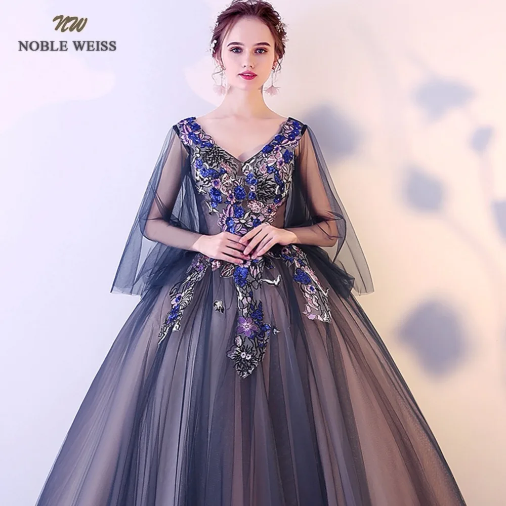 NOBLE WEISS Ball Gown Quinceanera Dresses With Appliques Black Tulle Formal V-Neck Prom Dress | Свадьбы и торжества