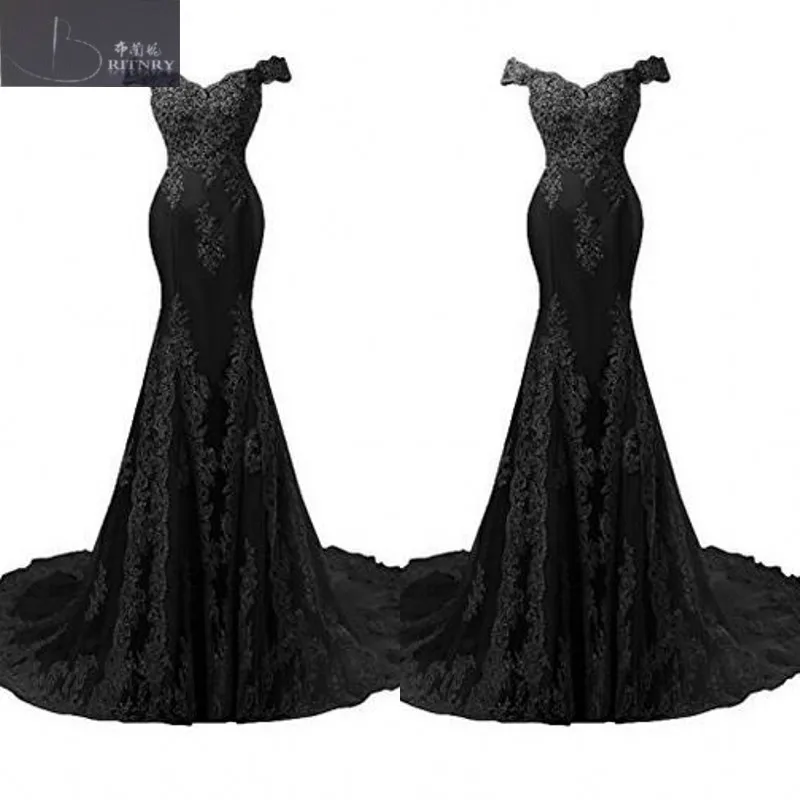 Специальные с плеча Русалка корт аппликация черные свадебные платья из шифона на