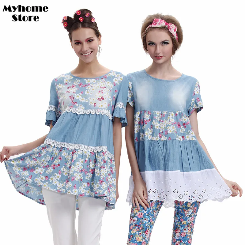 Мода Для Беременных Свободные Джинсовые Цветочные Футболку Плюс Размер