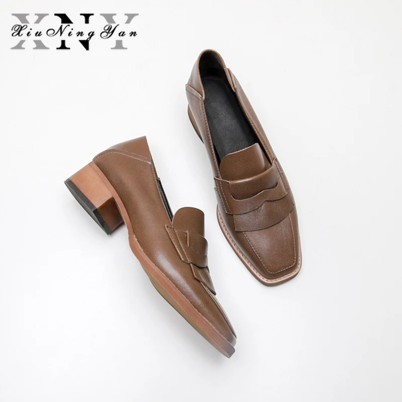XiuNingYan New Fashion Genuine Leather Square Toe Women Flats Comfortable Soft Loafers Casual Oxfords Shoes Girls | Обувь