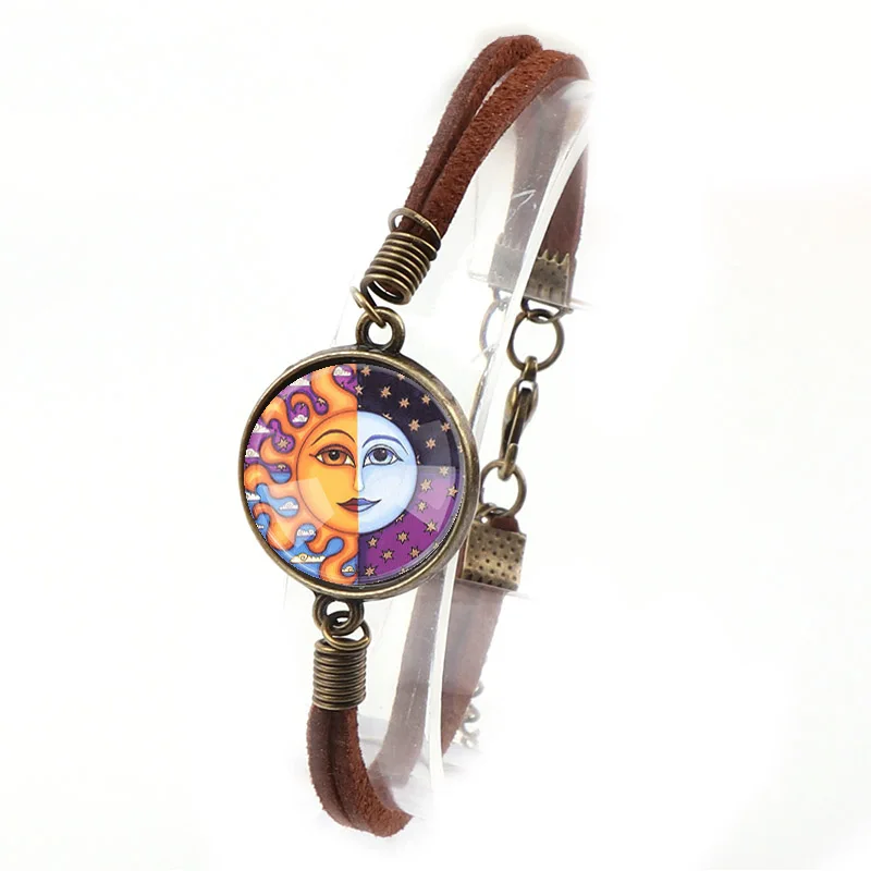 

Interchangeable Vintage Metal Mixed Sun God Moon God Glass Cabochon Double Leather Bracelets DIY Personalized Jewelry Finding