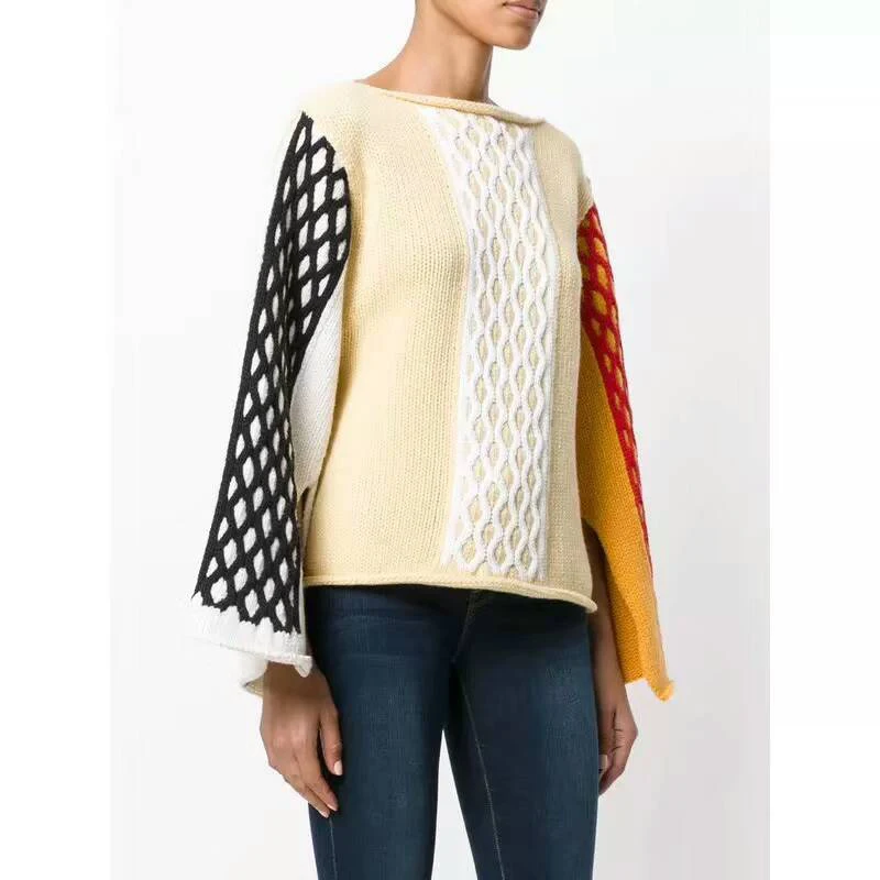2020 New Autumn Winter Women Sweater Fashion Color Patchwork Twist Knitted Pullover Coat Runway | Женская одежда