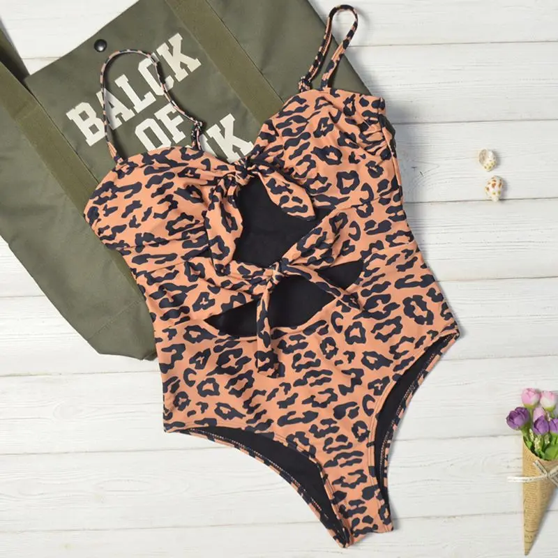 Женское пикантное цельное бикини на тонких бретельках винтажный Леопардовый