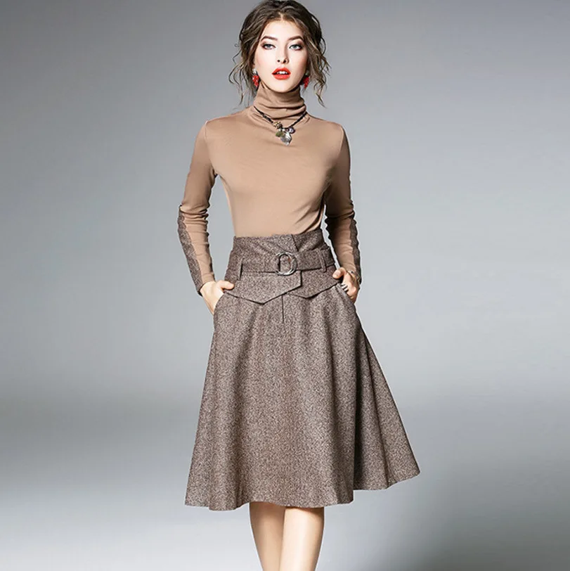 

New women's high-collar high-collar color bottoming shirt fashion temperament Slim skirt 2018 spring women's suit two-piece
