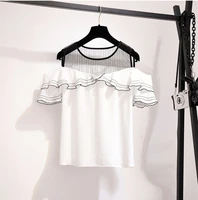2019 summer new womens chiffon shirt lotus leaf sleeves off shoulder t shirt sequins mesh transparent t shirt