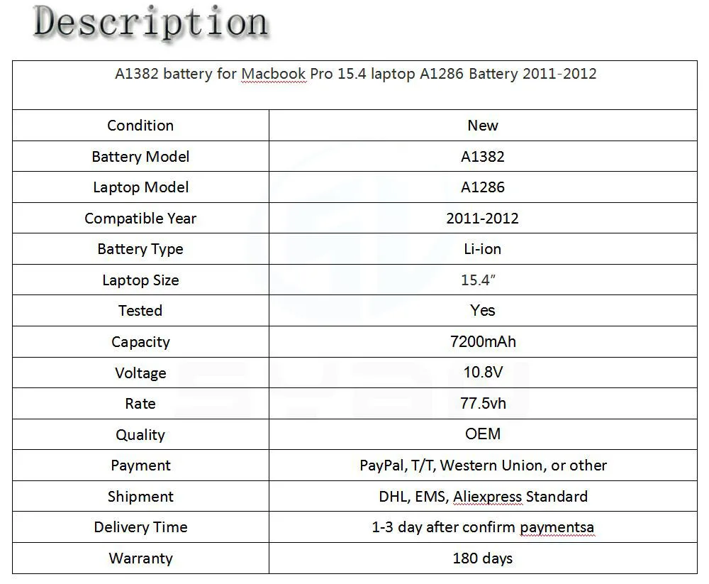 A1382 батарея для Macbook Pro 15,4 ''ноутбук A1286 батарея MC721LL/A MC723LL/A совместимый 2011-2012 год