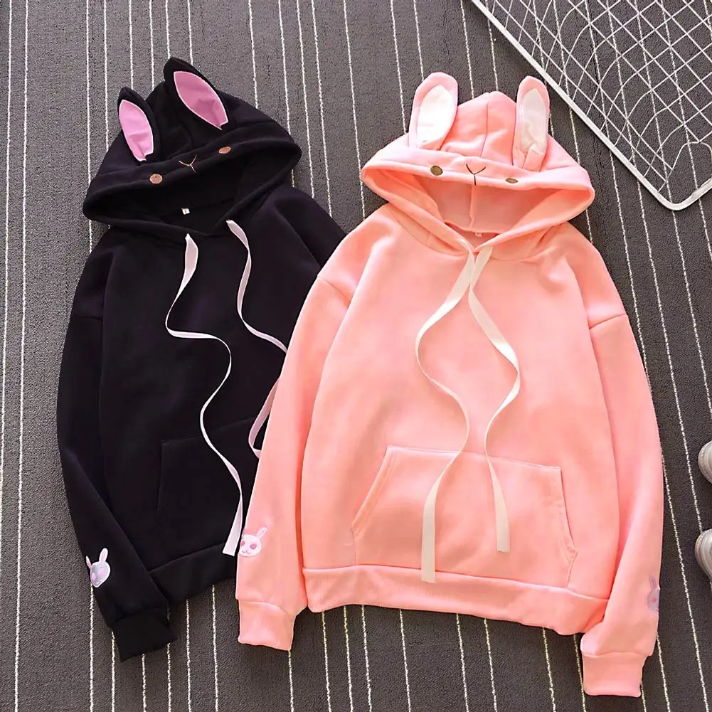 

Women Autumn Hoodies Rabbit Ears Pockets Long Sleeves Pullover Hooded Loose Tops BMF88
