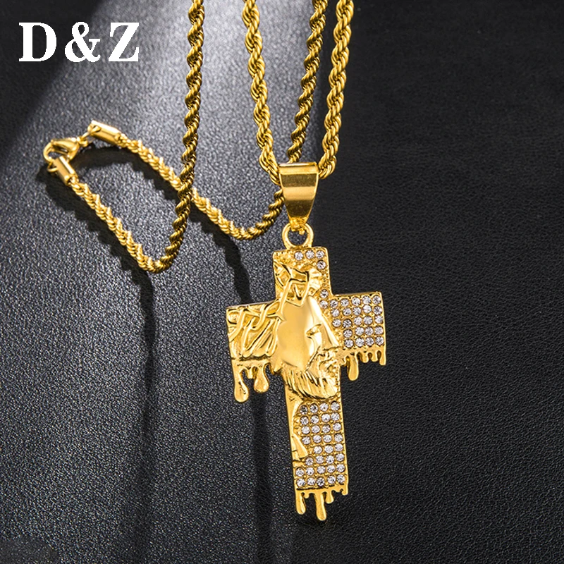 D &amp Z Bling Циркон Христос Иисус лицо крест ожерелье мужское хип хоп блестящие капли