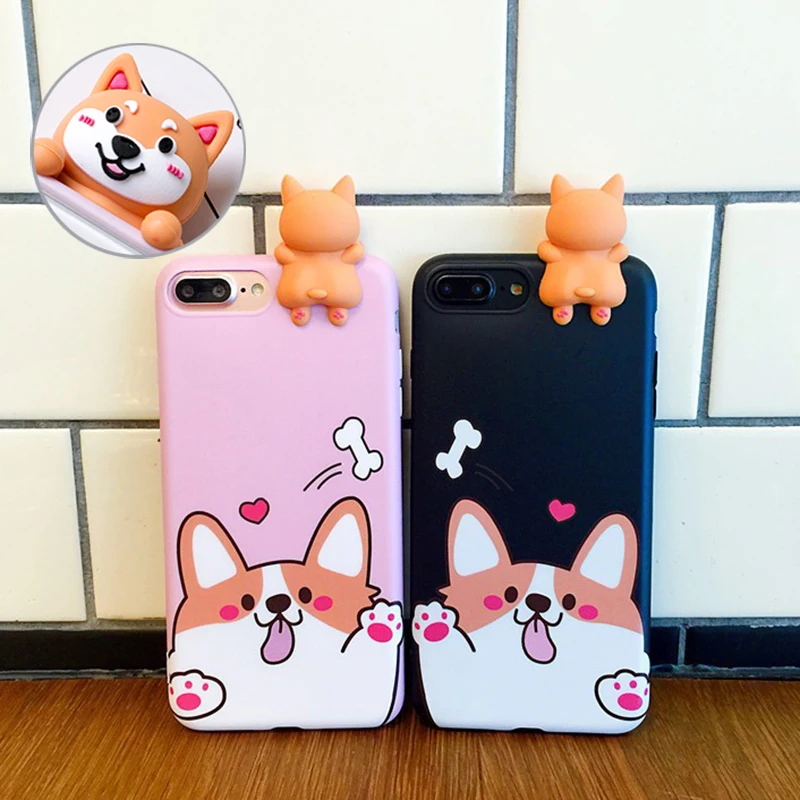 3D Розовый Черный корги милые собаки мягкие чехлы для телефонов iPhone X 6 6s 6plus 7 7Plus