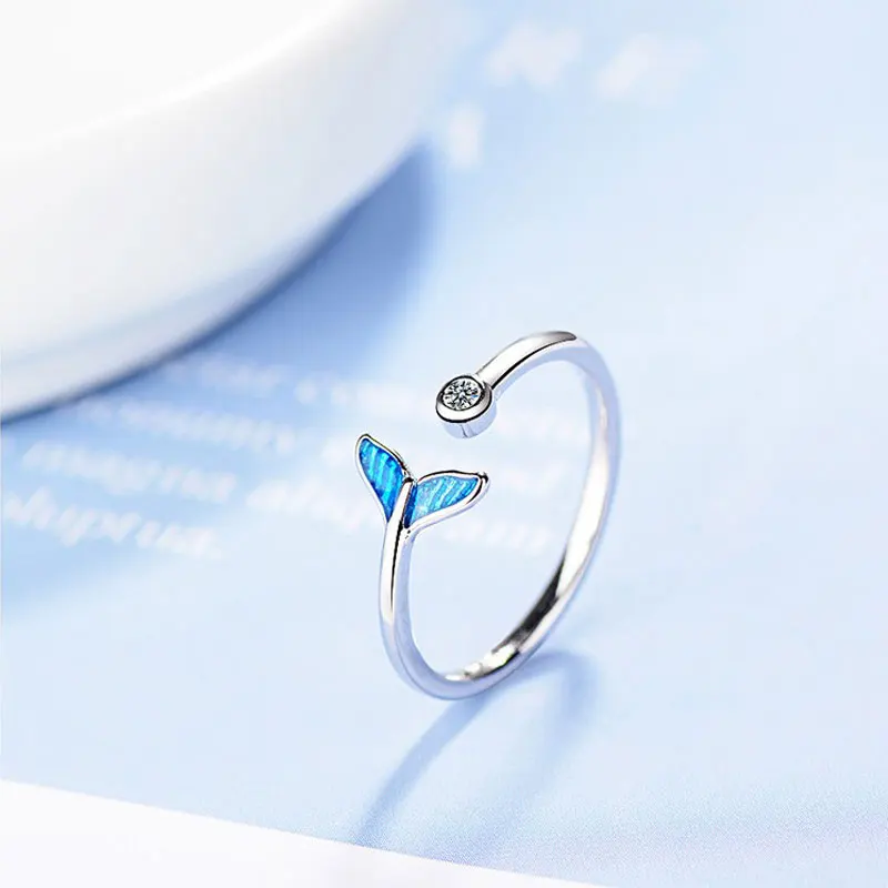 2019 New Arrival 925 Sterling Silver Ring For Women Mermaid Fish Tail Fresh Blue Sea Crystal Rings Sweet Jewelry | Украшения и