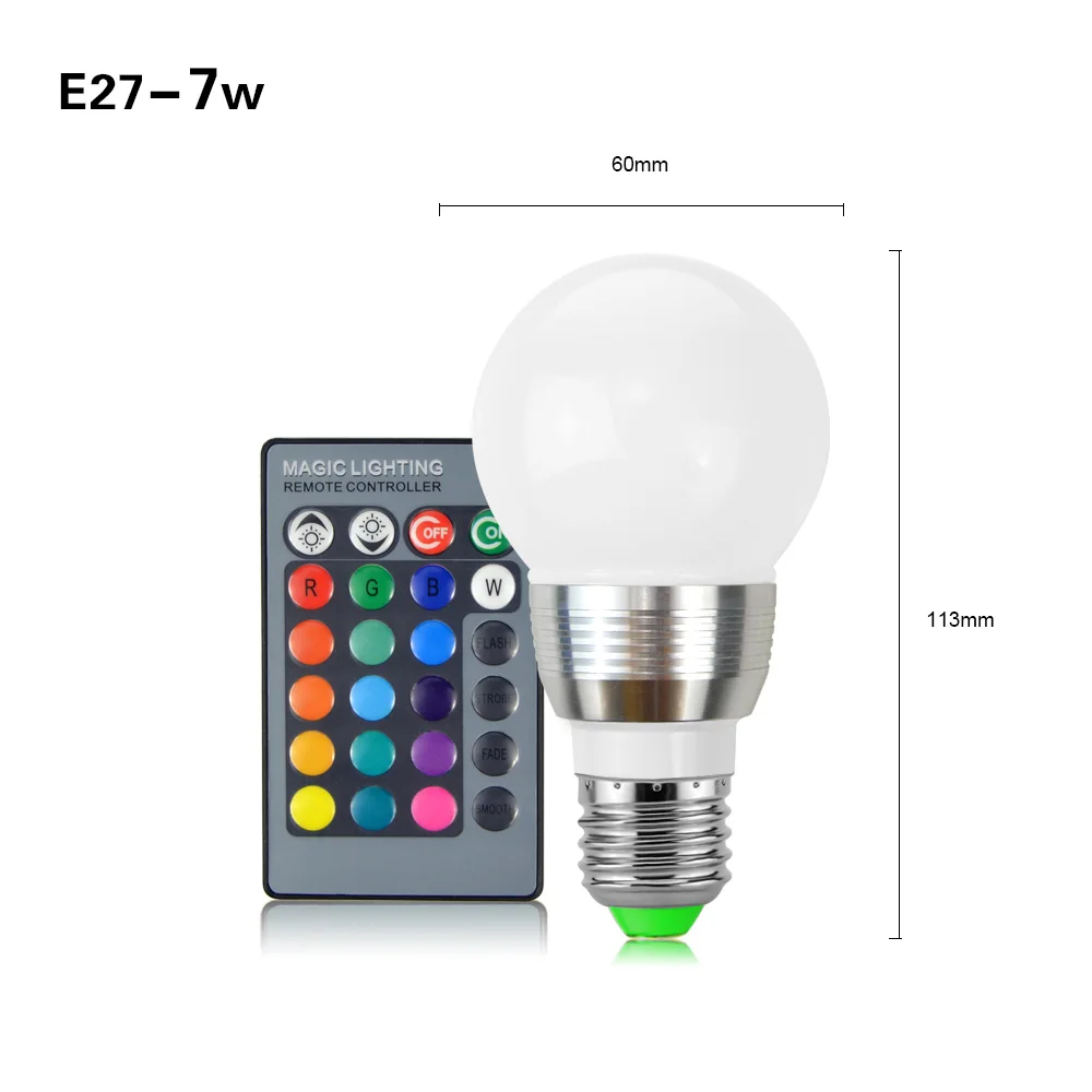 E27 7W 1 шт. волшебный 16 Цвета Изменение RGB лампа с регулируемой яркостью E27 E14 5 Вт 7 Вт 85-265 V светодиодный RGB светильник для сцены+ 24key IR Дистанционное управление освещением - Испускаемый цвет: E27 7W