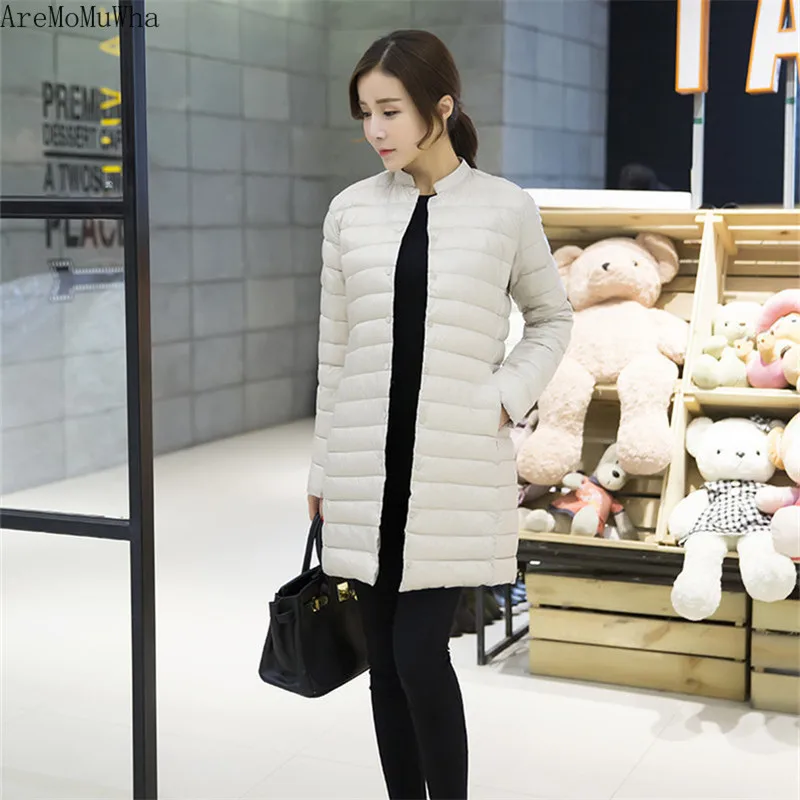 AreMoMuWha пуховик женский ультра тонкий средней длины круглый вырез Корейская
