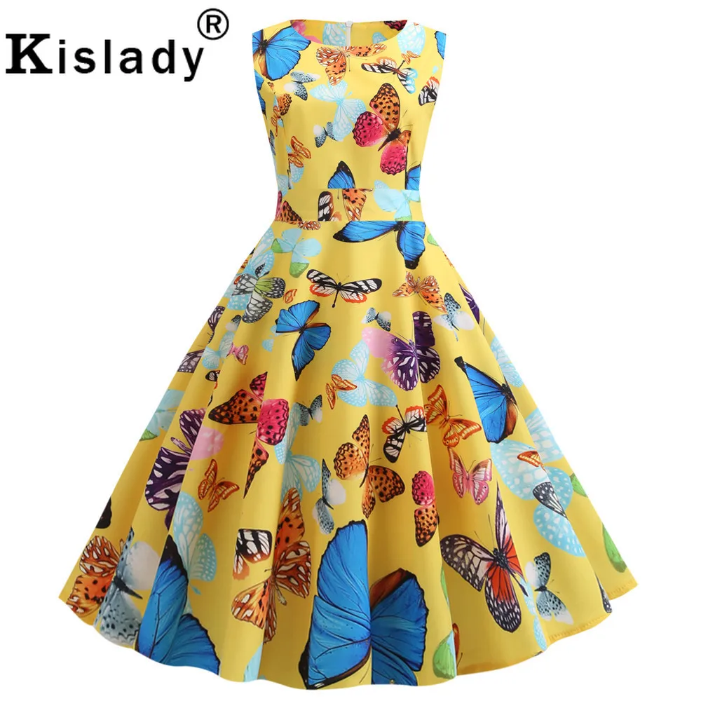 50s 60s Summer Women's Floral Print Vintage Dress Butterfly Sleeveless OL Swing Party Sexy Hepburn Beach Vestidos | Женская одежда