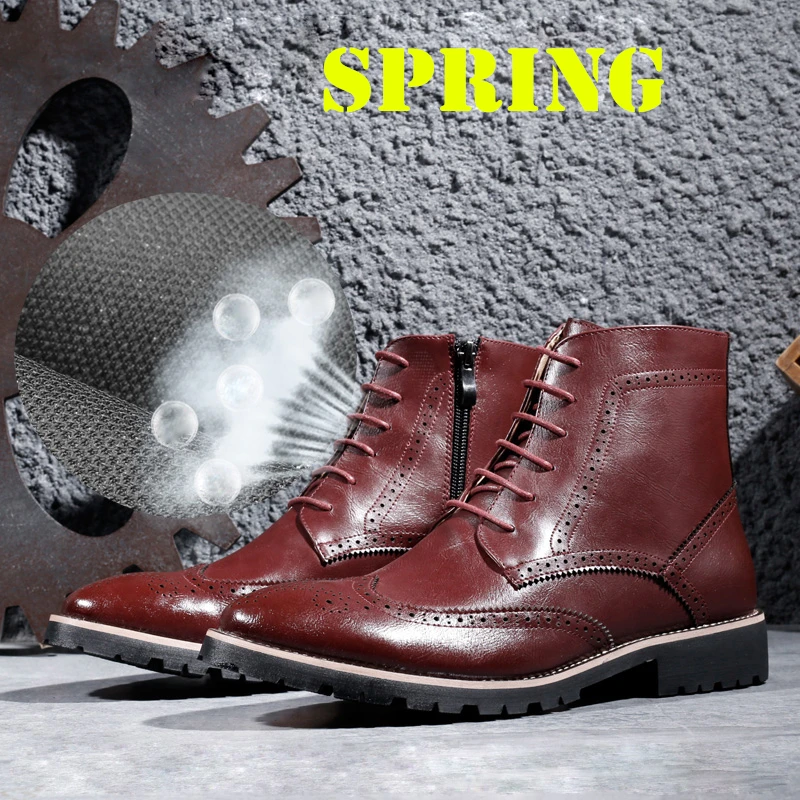 Spring Red Misalwa/мужские ботинки с перфорацией типа «броги» в британском стиле мужские полуботинки на молнии размеры 37-44; сезон весна-зима; теплая кожаная элегантная обувь - Цвет: Spring Red