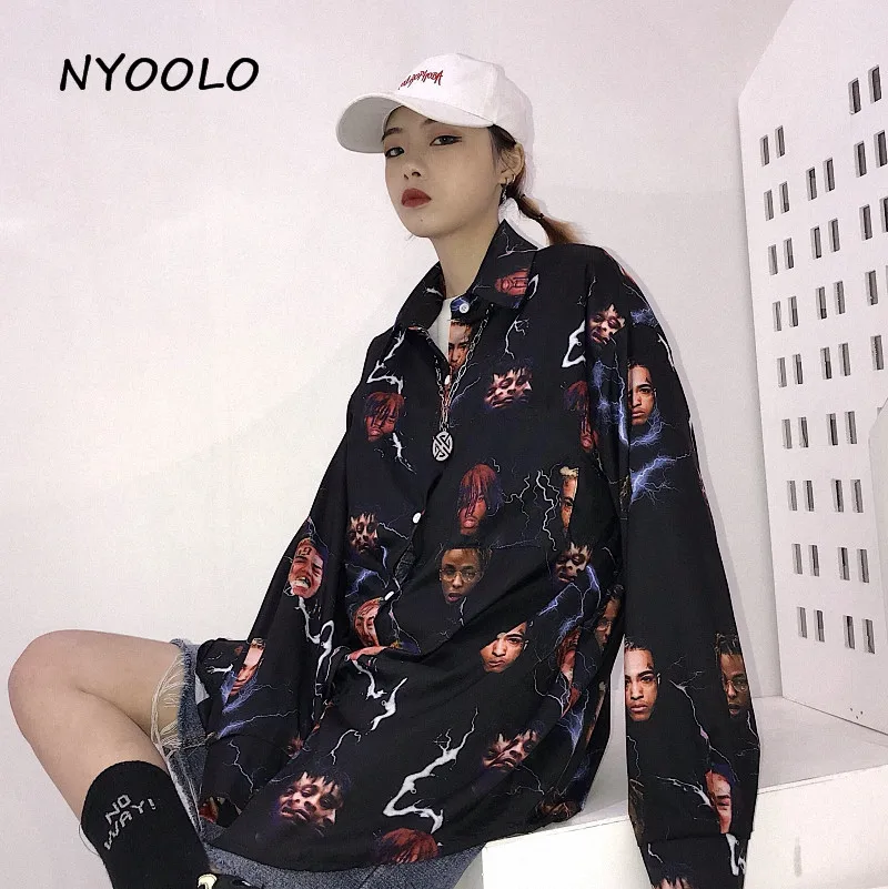 NYOOLO Harajuku стиль уличная пародия Европа Аватар молния печати рубашка свободная с длинным рукавом рубашка Женская/мужская одежда топы