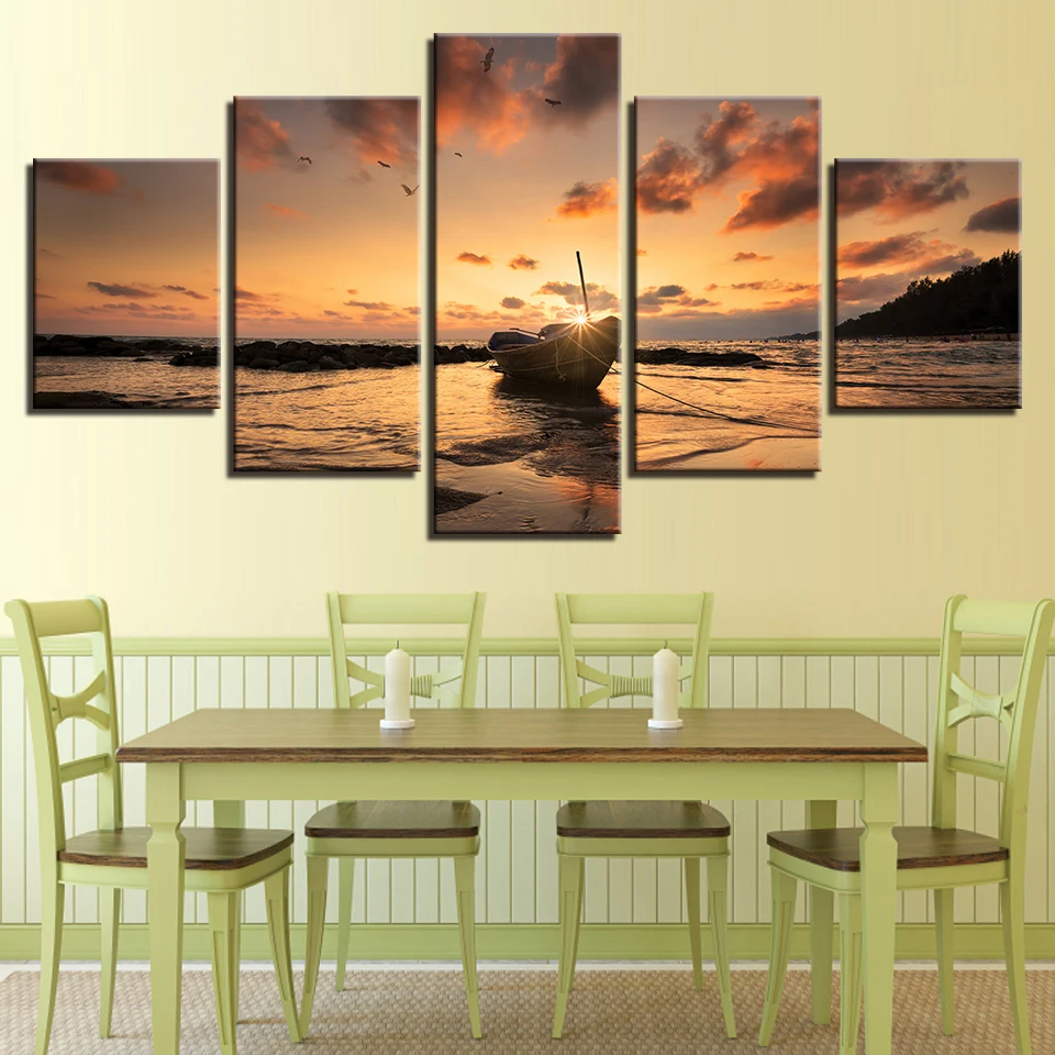 

High-definition pictures printed canvas wall art home decoration posters 5 piece of ship sunset beach seascape painting the