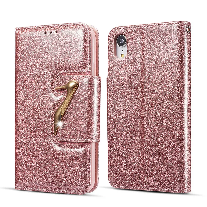 3D Блестящий Чехол бумажник на высоком каблуке для iPhone XS Max 7 8 Plus кожаный чехол