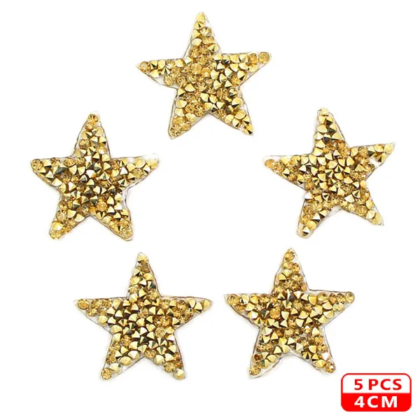 4cm Gold 5pcs Стразы со звездами, смешанные размеры, нашивки, нашивки с вышивкой, термо-Стикеры для одежды, 5 видов цветов, блестки, нашивки для одежды, сделай сам - Цвет: 4cm Gold 5pcs