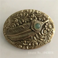 retail new high quality 3d pattern feathers solid brass men belt buckle with 171g oval metal cowboy belt head for 4cm wide belt