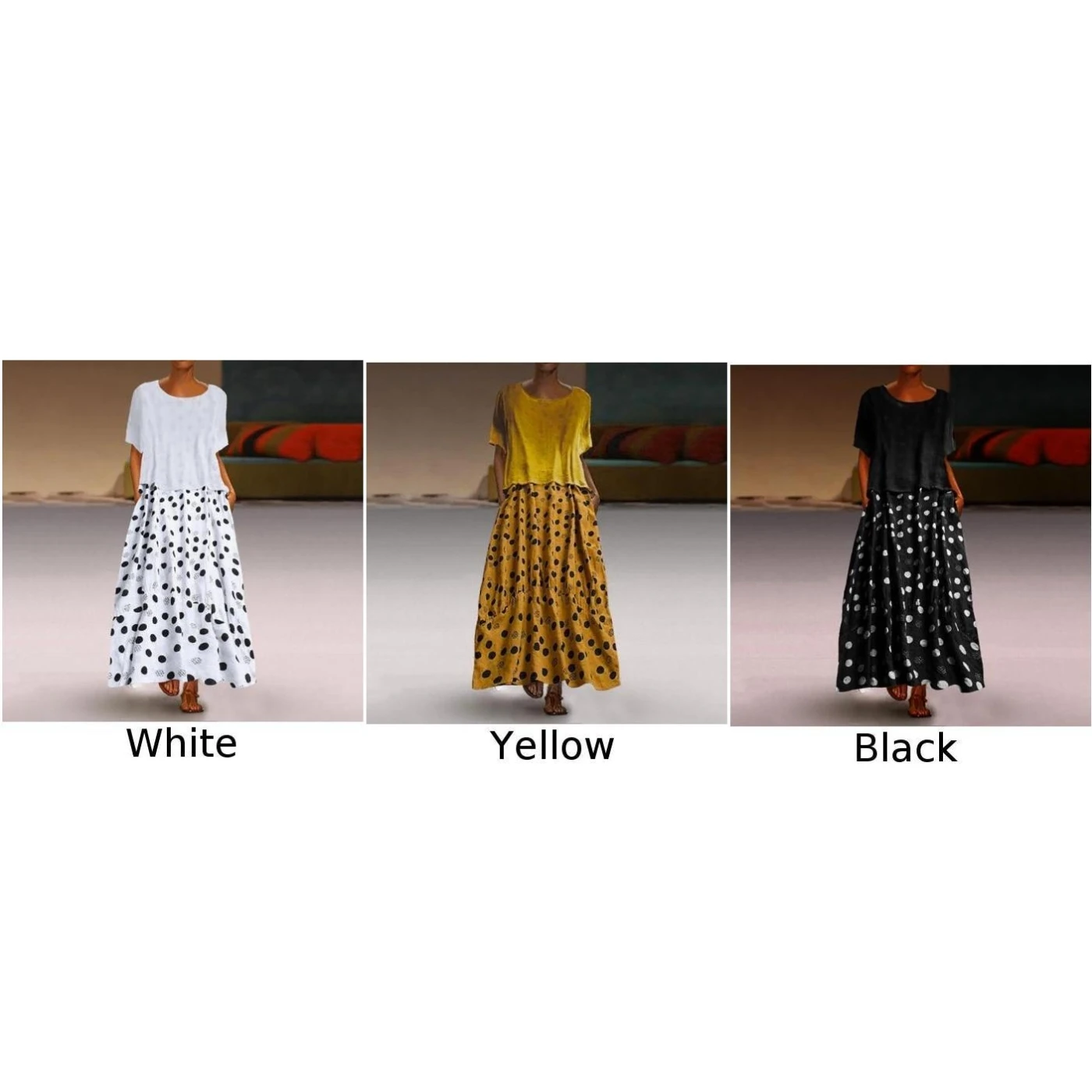 Летнее лоскутное платье с круглым вырезом в богемном стиле пляжное горошек