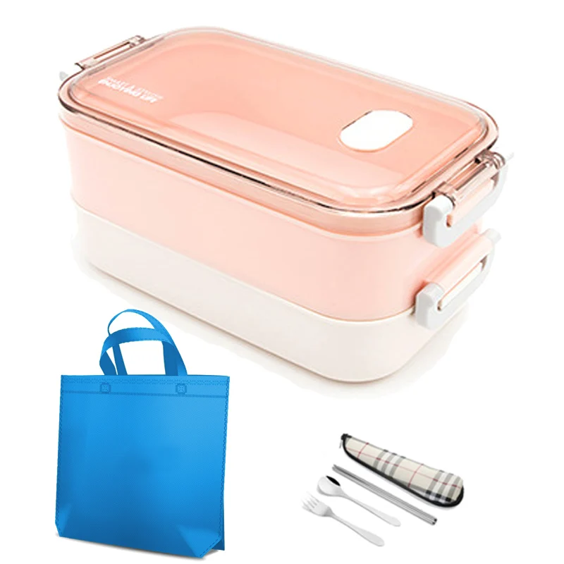 2 layer Pink-Bag 304 Ланч-бокс из нержавеющей стали, термос, герметичный, японский, милый, бэнто-бокс, для микроволновой печи, для детей, школы, пикника, контейнер для еды, портативный набор - Цвет: 2 layer Pink-Bag