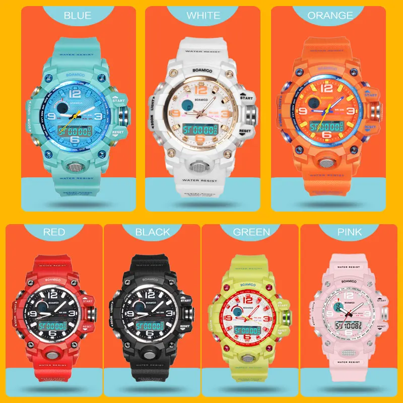 Часы BOAMIGO детские спортивные, брендовые цифровые водонепроницаемые наручные для плавания, для девочек и мальчиков-подростков, шоковые