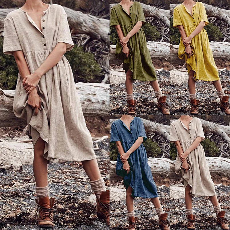 Boho хлопок льняное платье Для женщин Сплошной короткий рукав карман кнопку платье свободные по колено платье Летнее платья Vestido