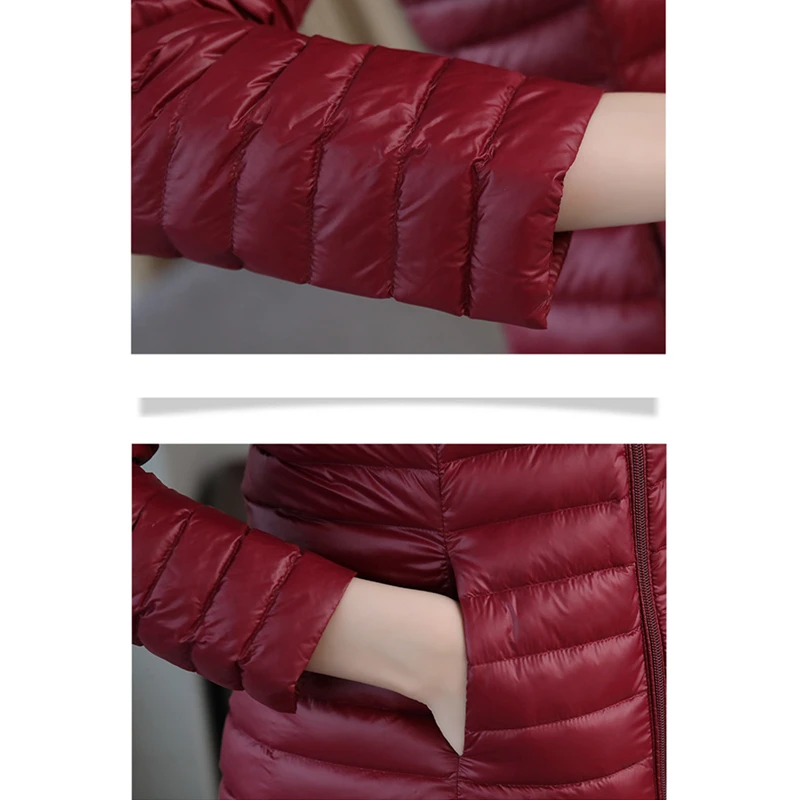 Пуховик женский тонкий на утином пуху с капюшоном батальных размеров 6XL | Женская