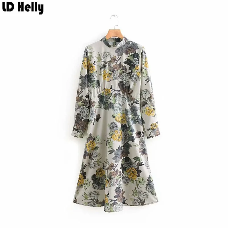 LD Helly Elegant Women Floral Print Dress Stand Collar Pleated Long Sleeve Mid-Calf Dresses Ladies Office Workwear Vestidos | Женская