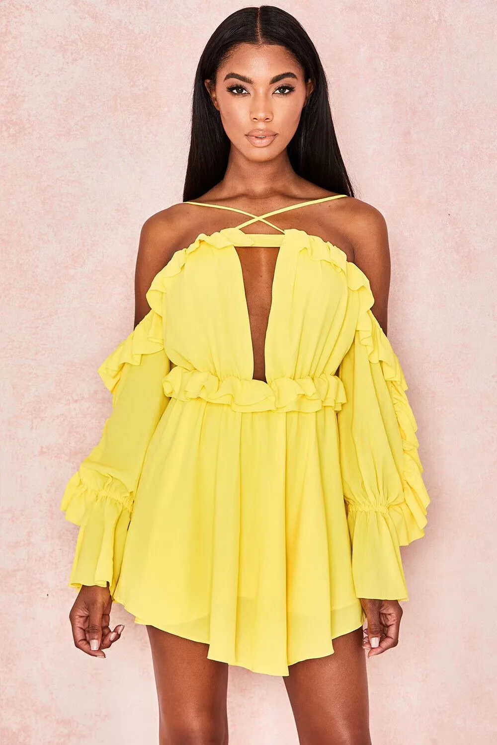 

2019 New Women yellow pink fashion v-neck long sleeve Bodycon Celebrity evening Party Bandage dresses